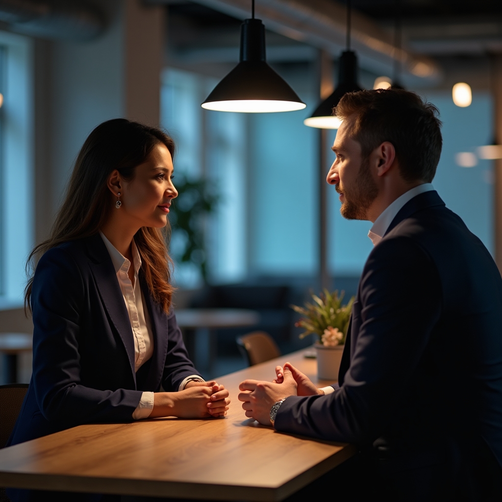 Coworking community manager having a calm professional conversation with a member at a standing desk in a modern shared office