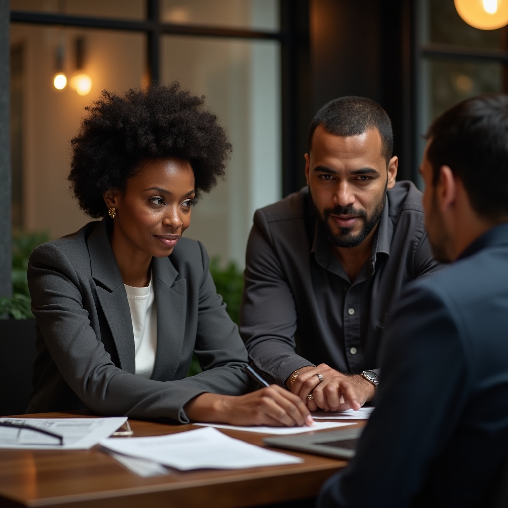 Two consultants in discussion with a coworking space manager reviewing documents at a modern workspace