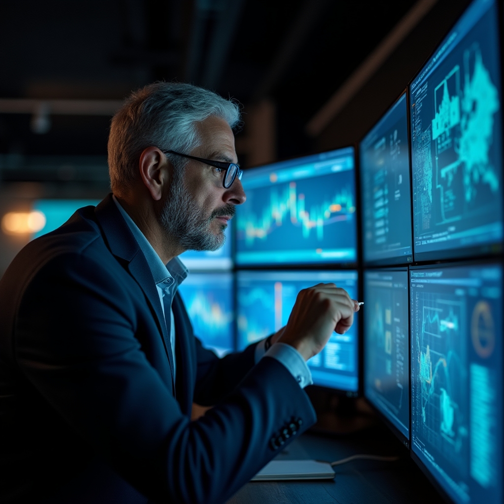 Consultant analyzing coworking space occupancy charts and data visualizations on multiple screens in a modern office