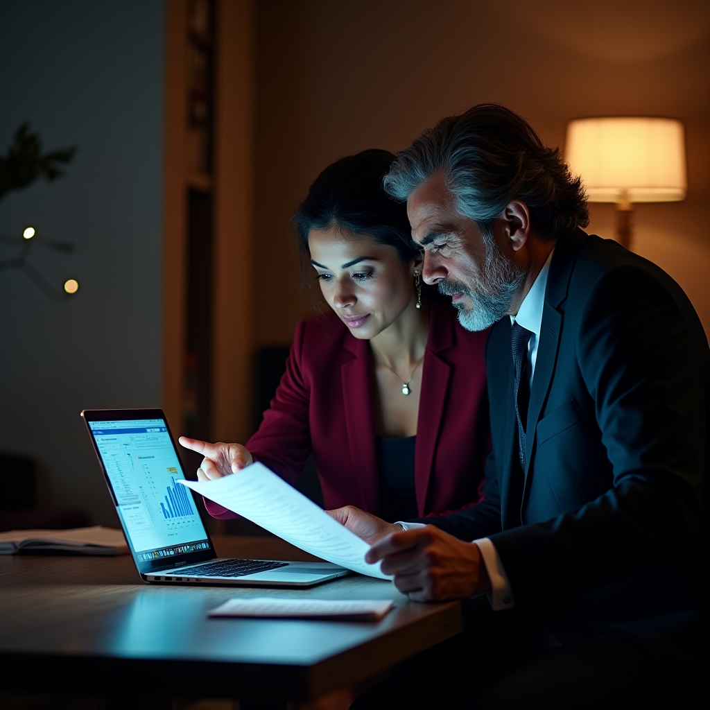 Consultant and coworking manager reviewing pricing documents and charts on a laptop in a professional setting