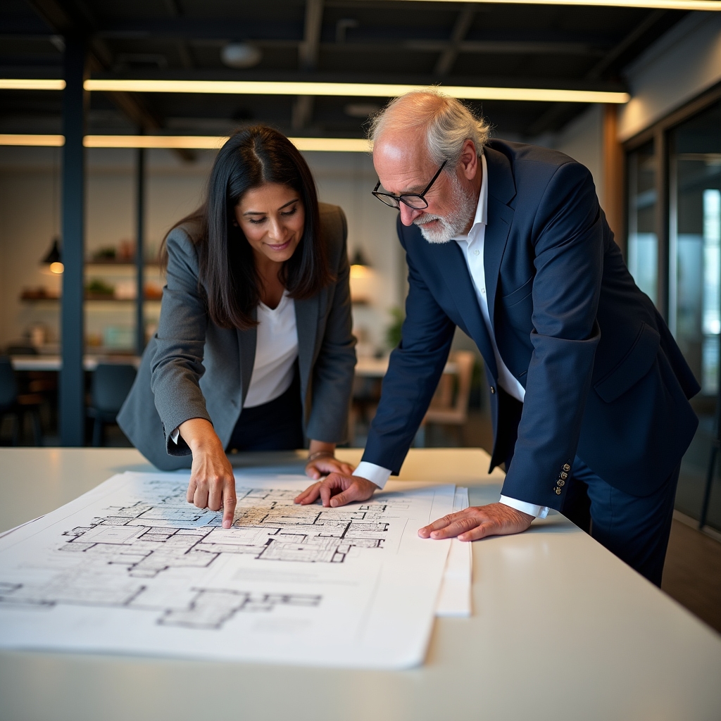 Consultant reviewing workspace layout floor plan with coworking space manager at a large table